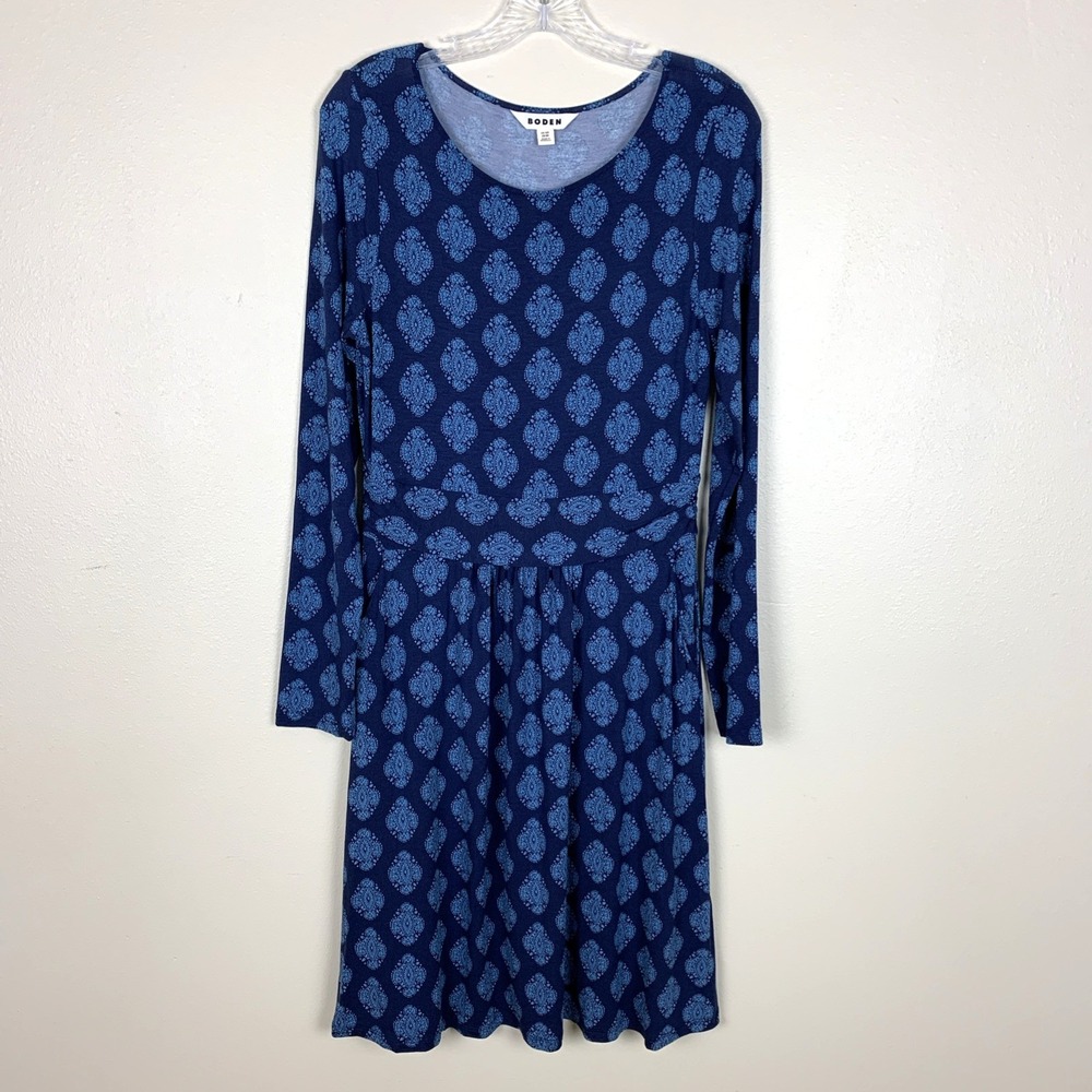 Boden Abigail Jersey Knit Dress Size 8 Blue Medallion Long Sleeve Pockets